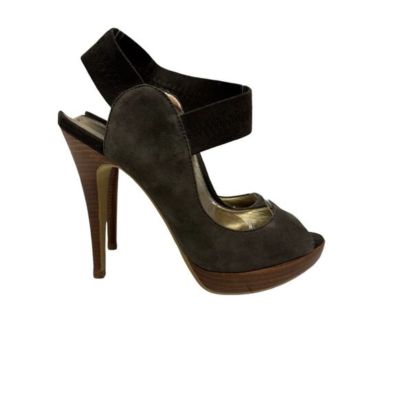 MICHAEL SHANNON Olive Green Suede Peep Toe Ankle Strap Platform Heels Pumps - Picture 3 of 11